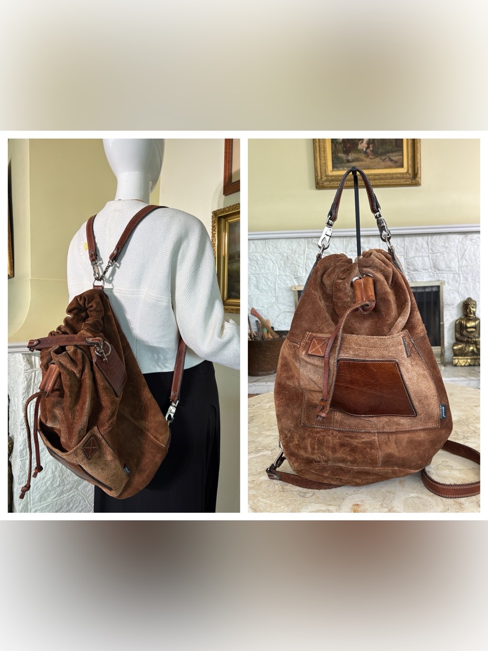 VTG 90s Rugby North America Suede Leather Convertible Bucket Backpack m0851